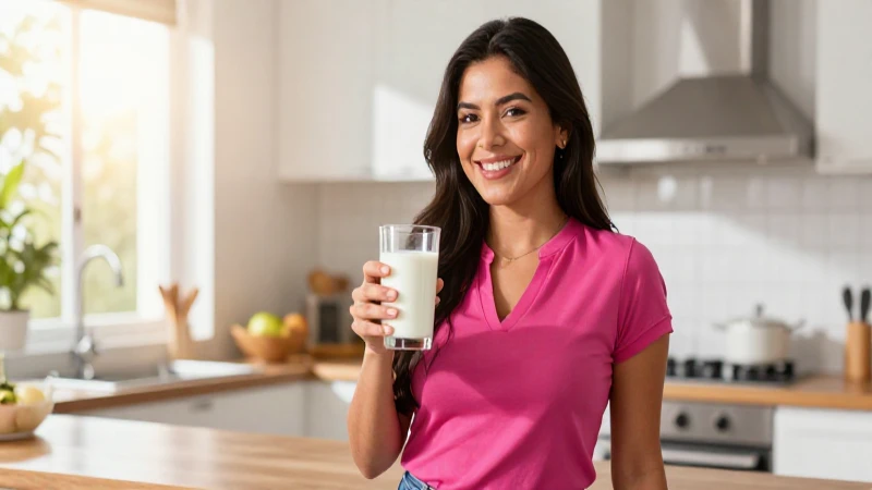 Mujer mexicana saludable con leche en cocina