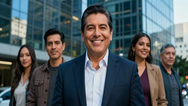 Retrato realista mexicano en entorno urbano moderno