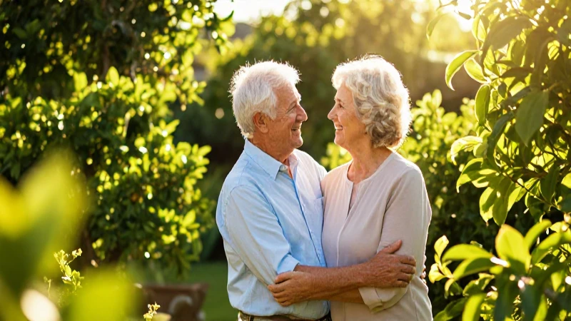 Pareja jubilada feliz en jardín dorado