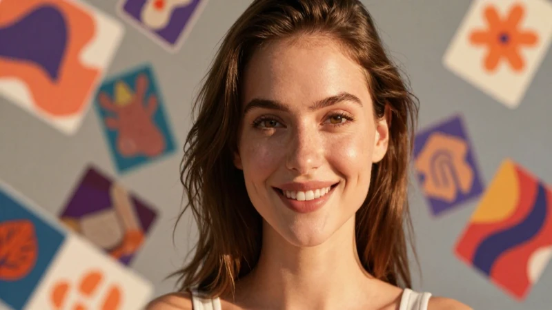Mujer sonriente con tarjetas y luz dorada
