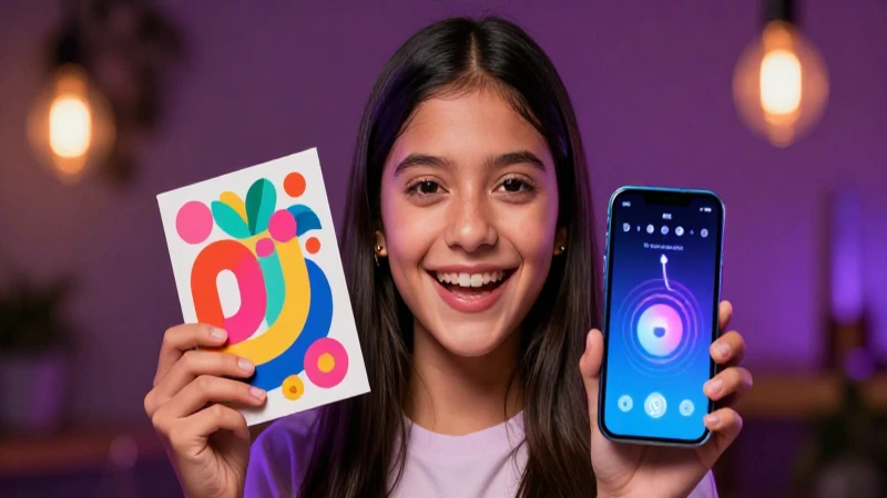 Niña mexicana feliz sosteniendo tarjeta vibrante