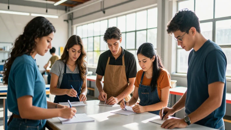 Jóvenes mexicanos colaborando en taller moderno