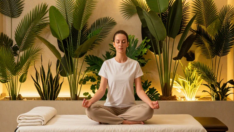 Meditación serena en spa moderno rodeado de naturaleza