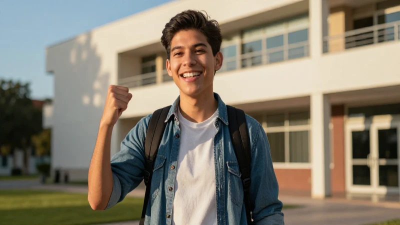 Estudiante mexicano brillante en campus moderno