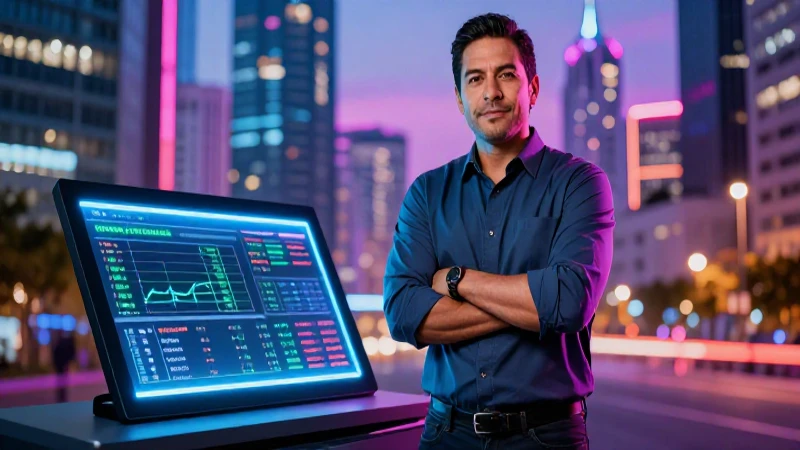 Hombre mexicano junto a terminal financiera moderna
