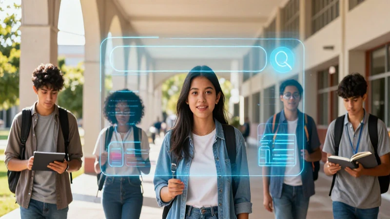 Estudiantes mexicanos en campus moderno con interfaz holográfica