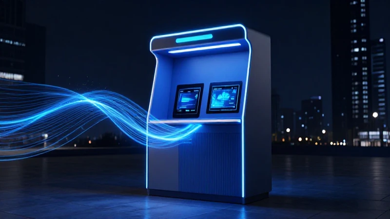 Kiosco financiero moderno con datos digitales azul