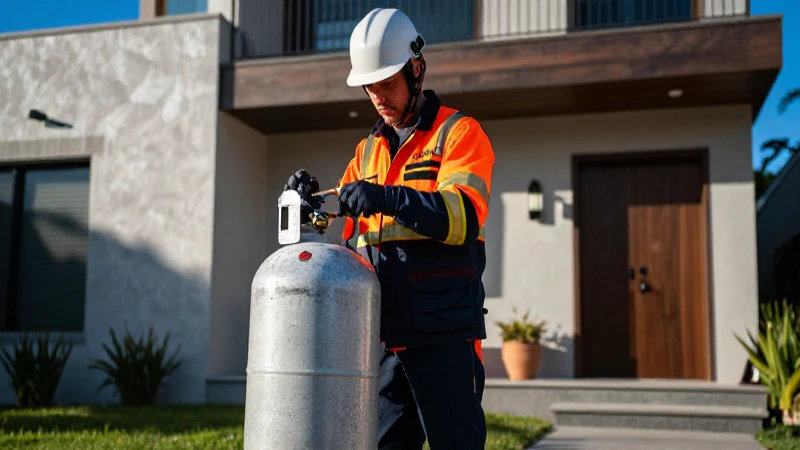 Técnico en casa con cilindro de gas moderno