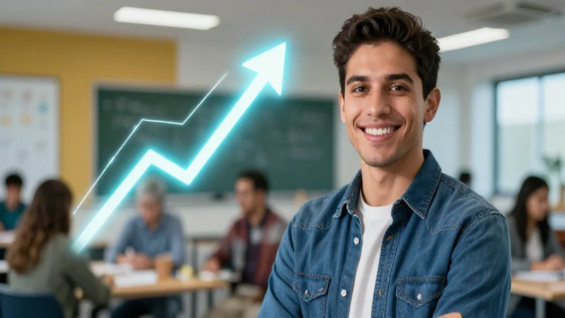 Joven sonriente ante crecimiento financiero