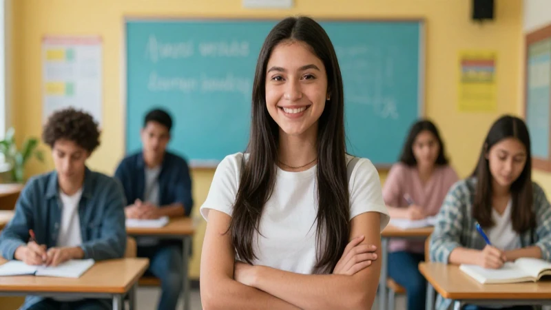 Joven mexicana exitosa sonríe en aula vibrante