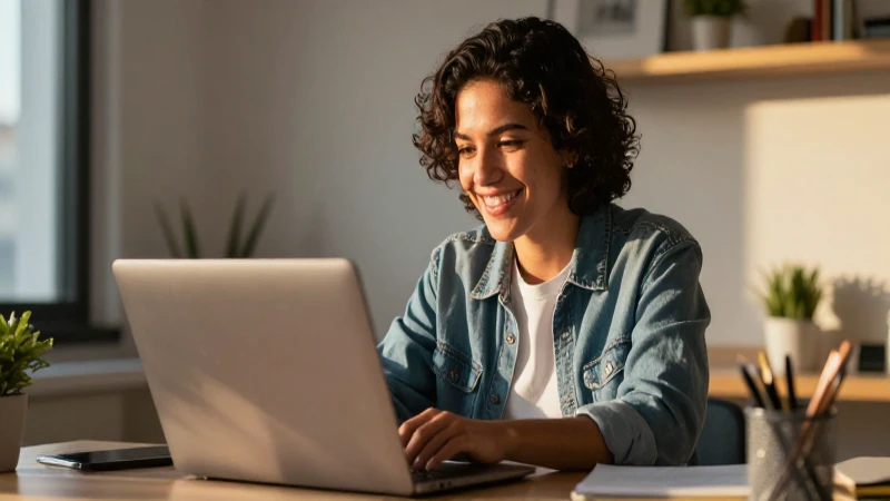 Joven mexicano sonriente con laptop en luz dorada