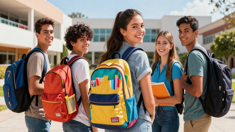 Estudiante mexicano sonriente con mochila vibrante