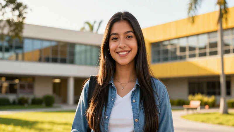 Estudiante sonriente en moderno campus tecnológico