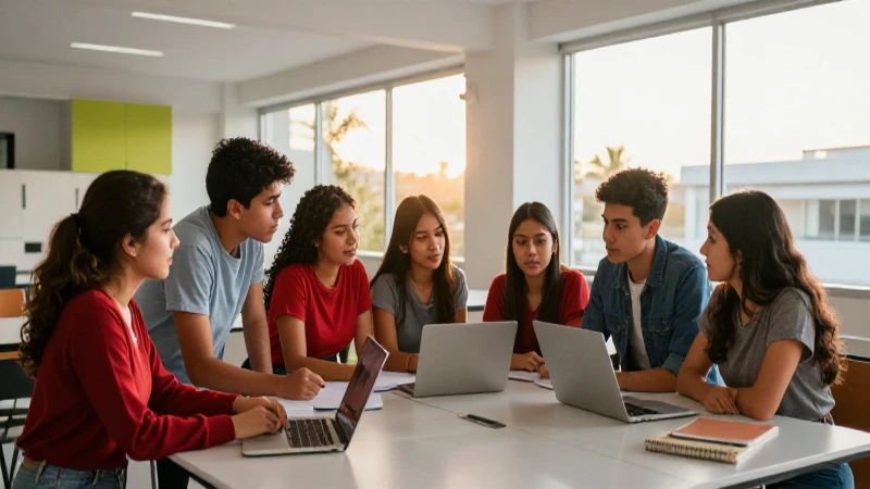 Estudiantes mexicanos colaboran en campus moderno al atardecer