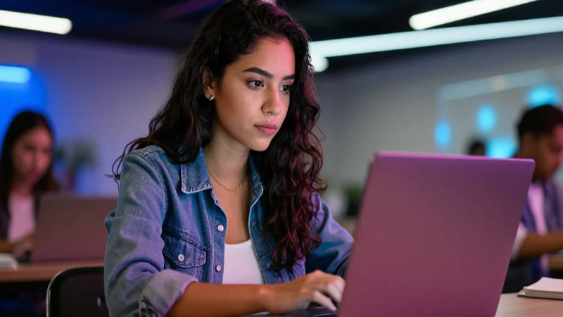Estudiante mexicana diversa trabajando en una laptop moderna