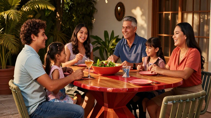Familia feliz en mesa colorida bajo luz dorada