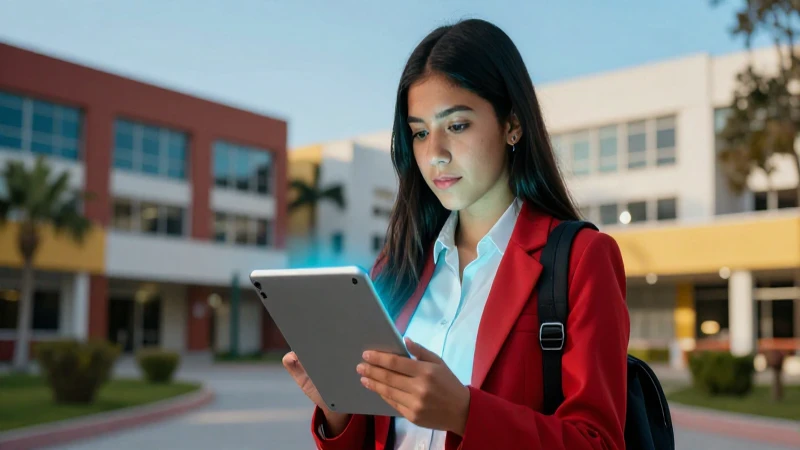 Estudiante mexicano usa tablet en escuela moderna