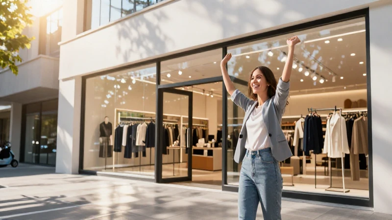 Cliente feliz en tienda moderna iluminada
