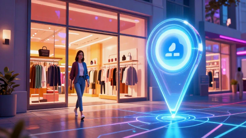 Mujer va hacia tienda en escena vibrante