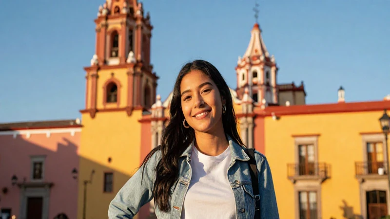 Joven estudiante mexicana en Guanajuato bajo luz dorada