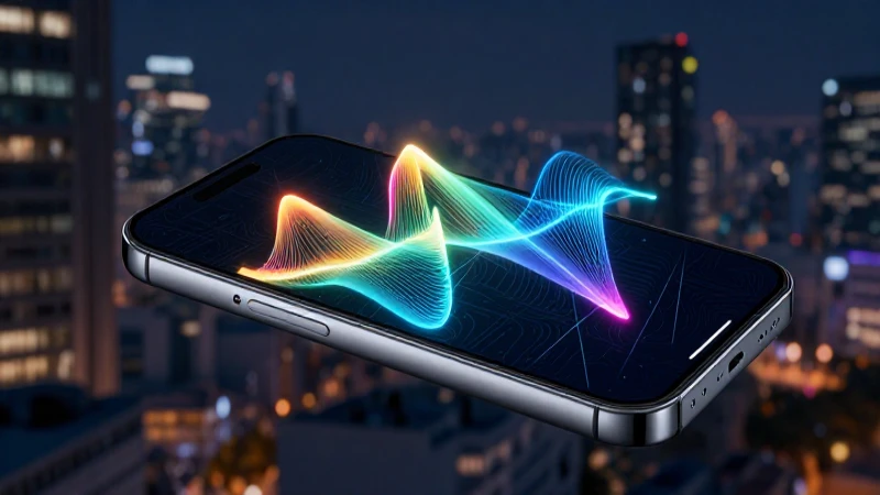 Teléfono moderno con ondas luminosas en ciudad