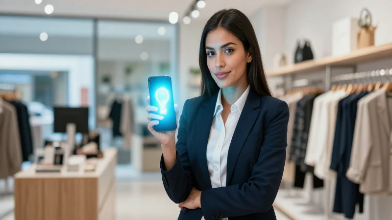 Joven profesional mexicana sostiene smartphone brillante en tienda