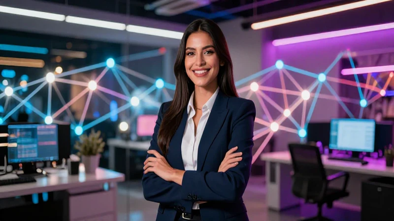 Joven mexicano sonriente en moderno entorno de trabajo