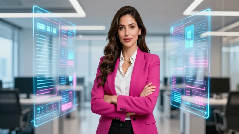 Mujer mexicana profesional con hologramas de oportunidades