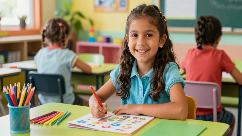 Estudiante mexicano aprende en aula moderna colorida