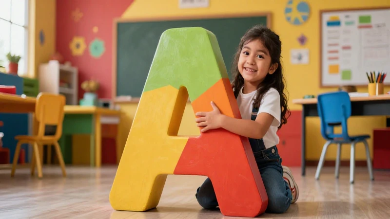 Estudiante feliz interactúa con letra A gigante