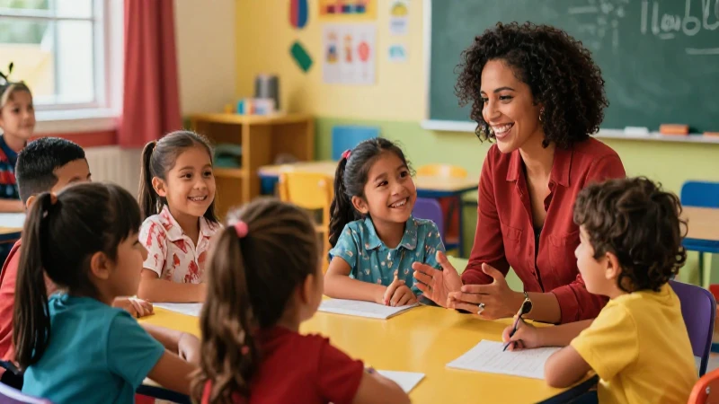 Niños felices y maestro en aula moderna
