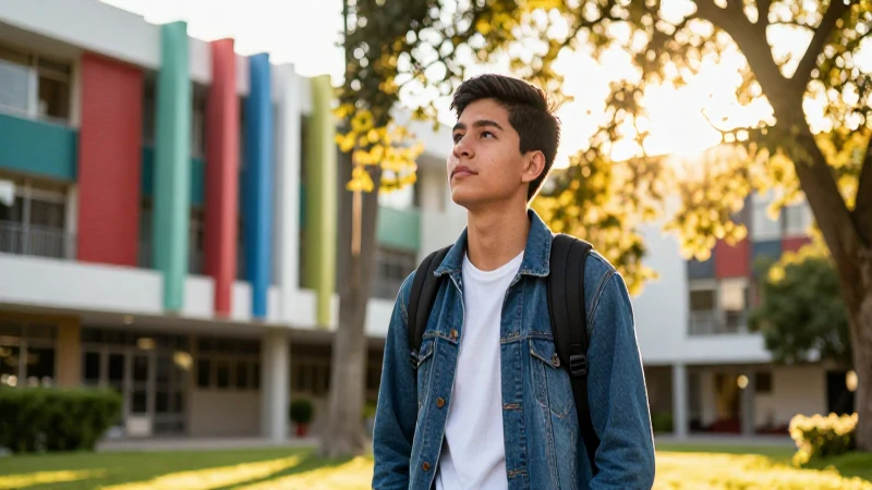 Joven estudiante mexicano con campus vibrante bajo luz dorada