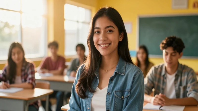 Joven mexicano sonriente en aula moderna