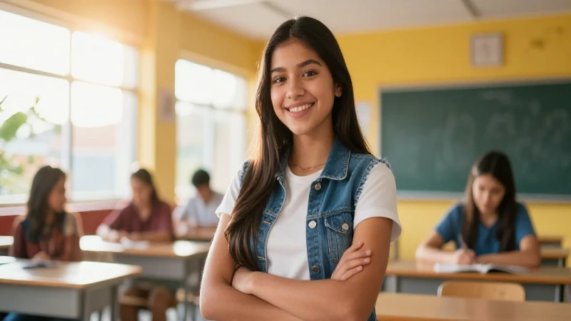 Sonrisa mexicana en un aula moderna y vibrante