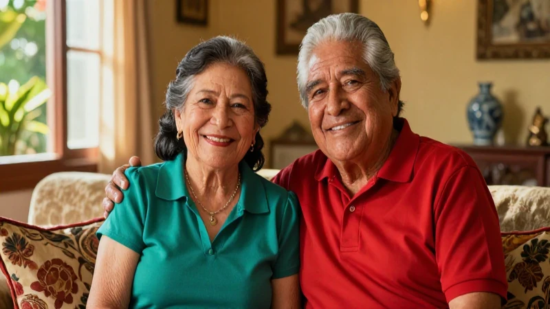 Pareja mexicana anciana feliz en salón soleado