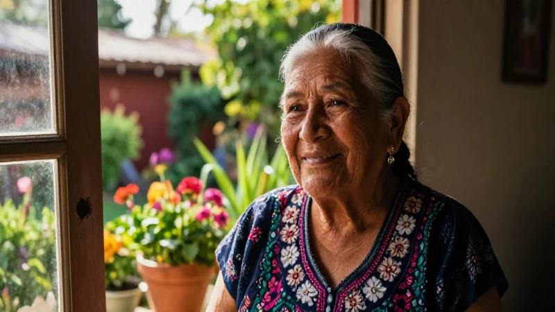 Mujer mexicana sonríendo en jardín bajo luz dorada