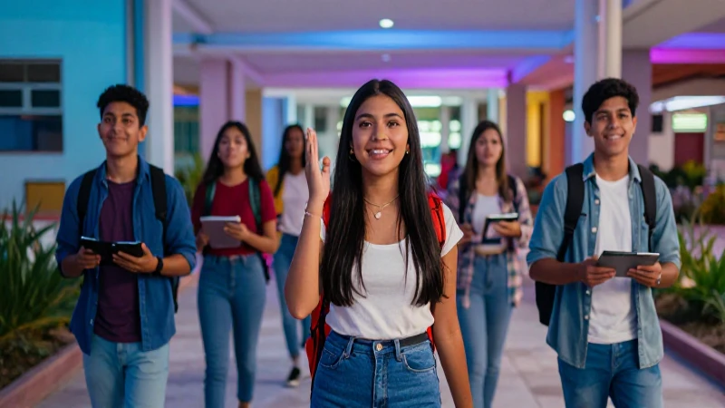 Estudiantes mexicanos motivados en campus moderno