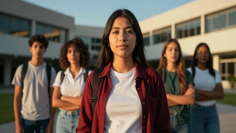 Retrato vibrante de estudiante mexicano en campus moderno