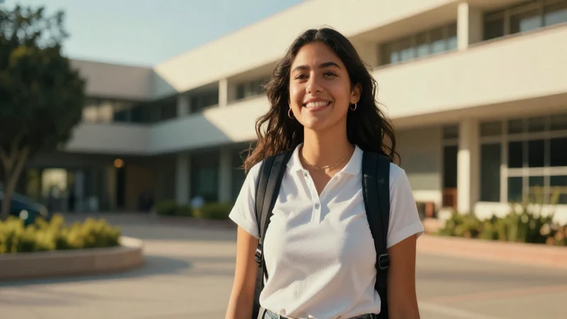 Estudiante mexicano sonriente en campus moderno y soleado