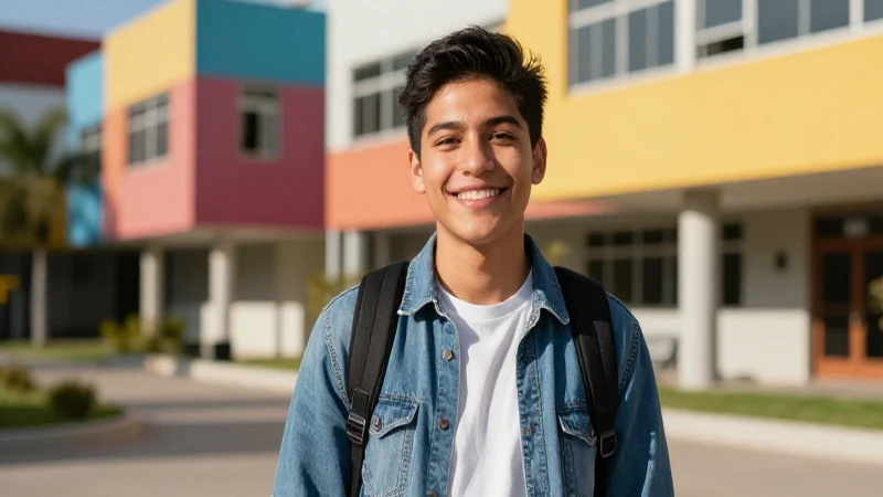 Estudiante mexicano sonriendo en campus moderno