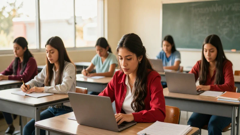 Estudiante mexicano en luz dorada en aula moderna