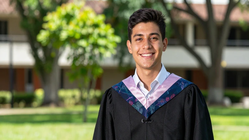 Joven estudiante mexicano sonríe en campus vibrante y moderno