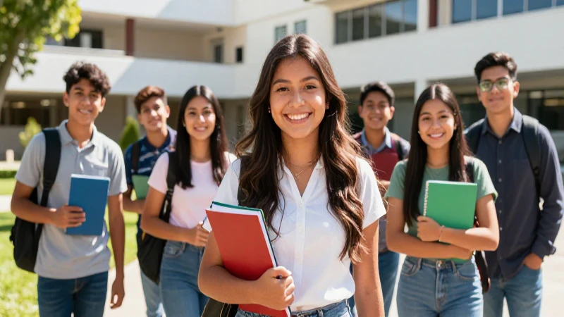 Estudiantes mexicanos felices en moderno campus universitario