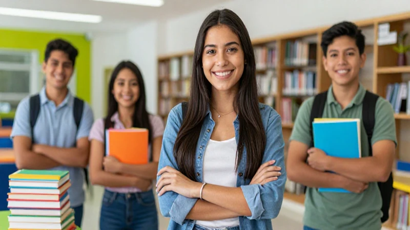 Estudiante mexicano sonríe en campus moderno