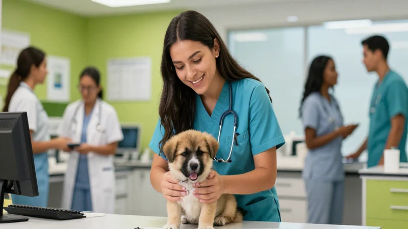 Estudiante veterinaria cuida a cachorro en clínica moderna