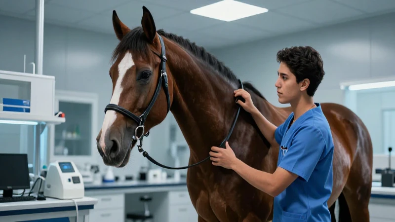 Veterinaria mexicana cuida caballo en laboratorio moderno