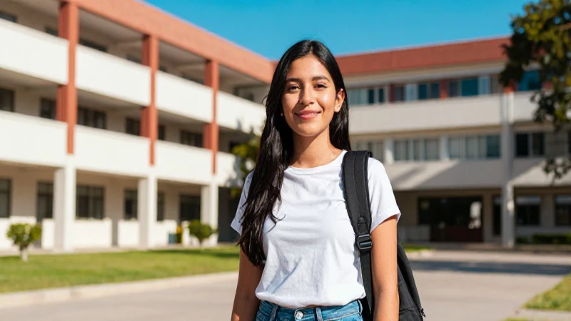 Estudiante mexicano exitoso en campus moderno