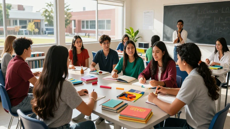 Estudiantes universitarios mexicanos colaboran en un aula moderna
