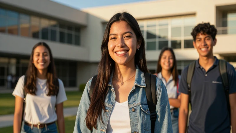 Estudiante sonriente en un campus mexicano moderno