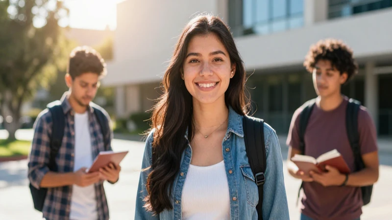 Estudiante mexicana confiante en campus moderno